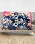 Personalized pet blanket with six dogs in New England Patriots football uniforms.