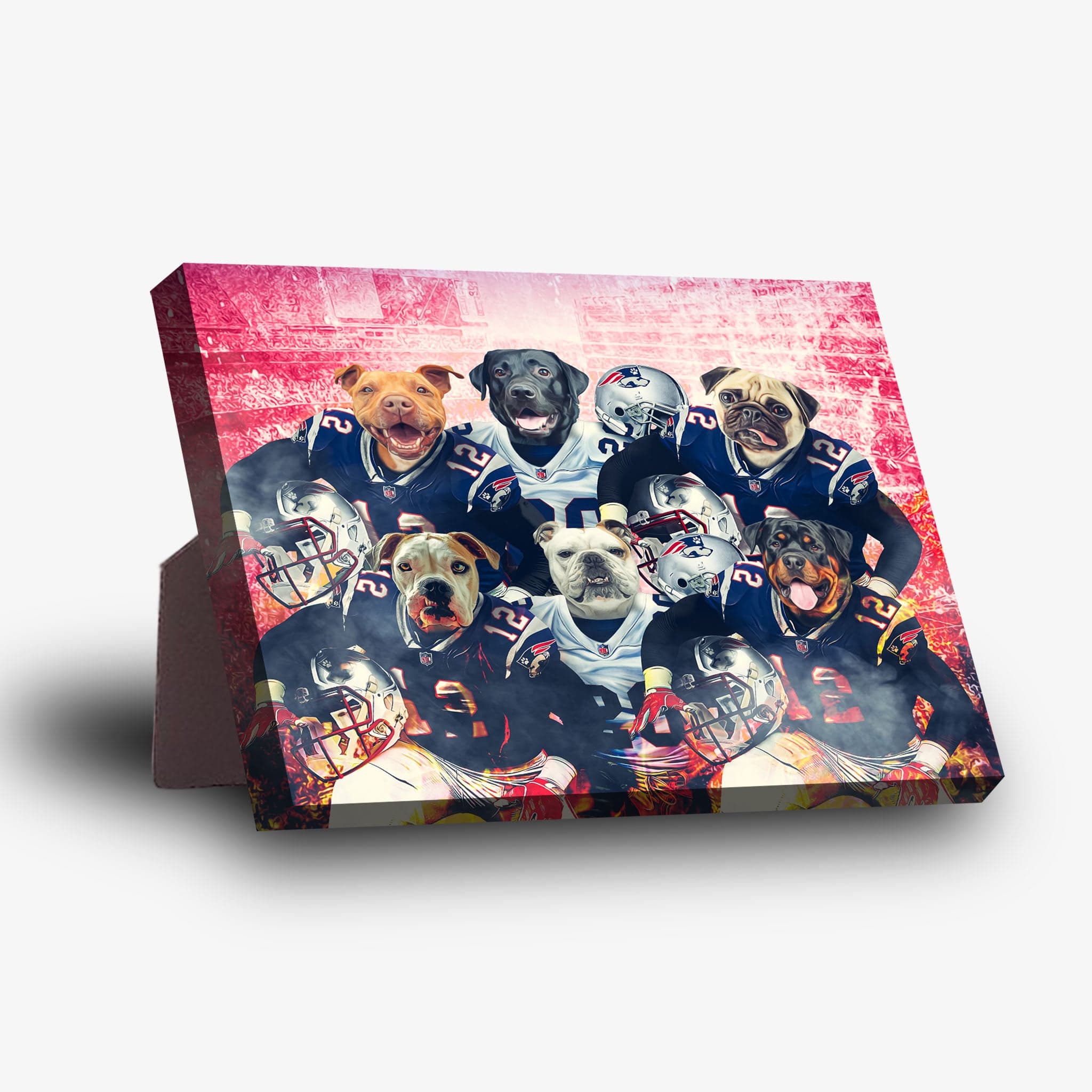 Personalized New England Doggos 6-pet standing canvas featuring various dogs in football uniforms.