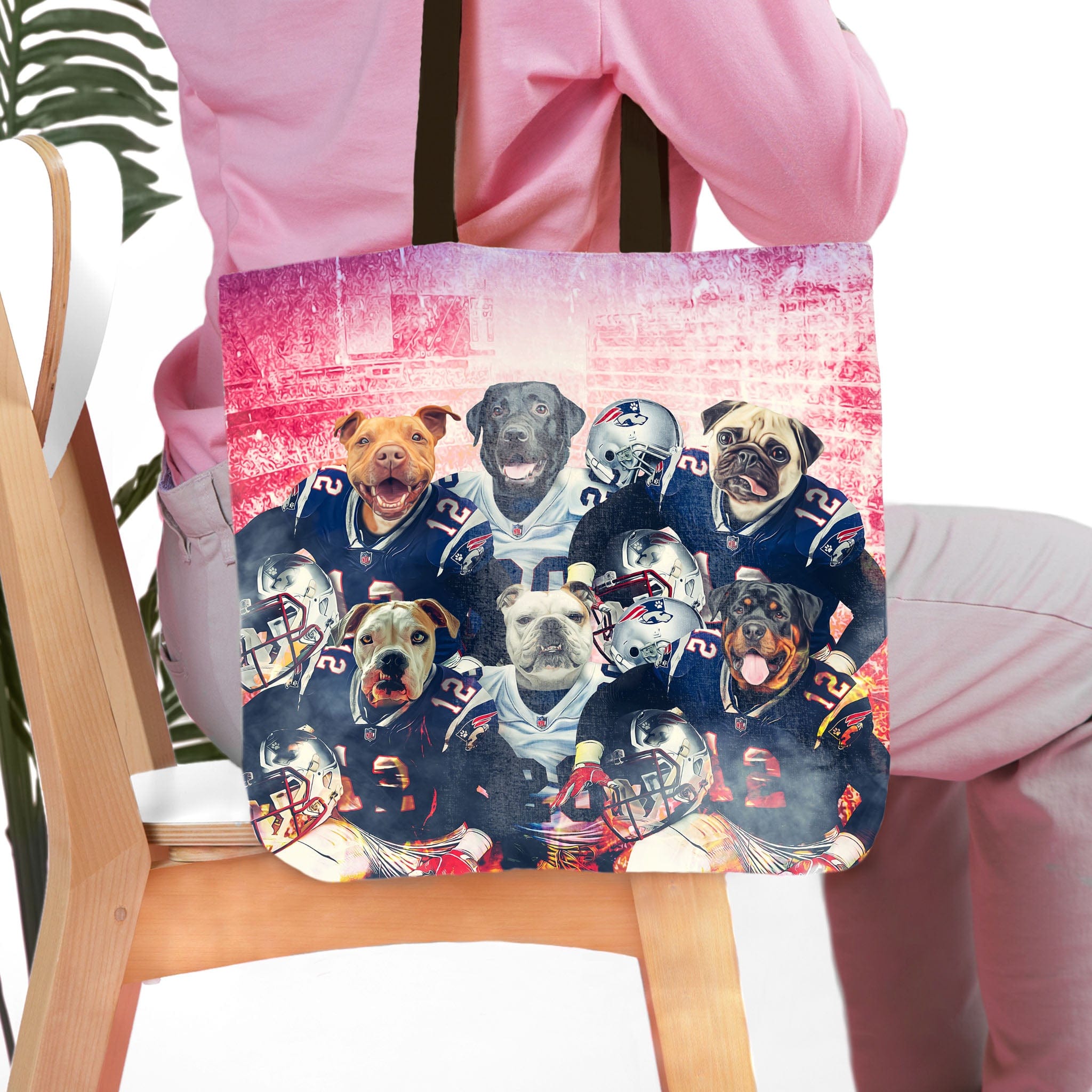 Personalized tote bag with 6 dogs in football uniforms, New England Doggos style.