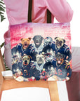 Personalized tote bag with 6 dogs in football uniforms, New England Doggos style.