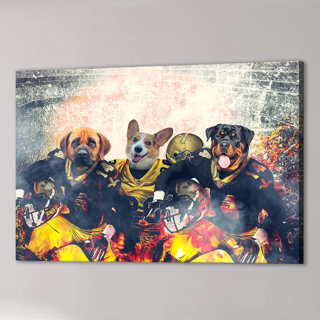 Custom canvas with three pets as New Orleans Saints football players in black and gold uniforms.