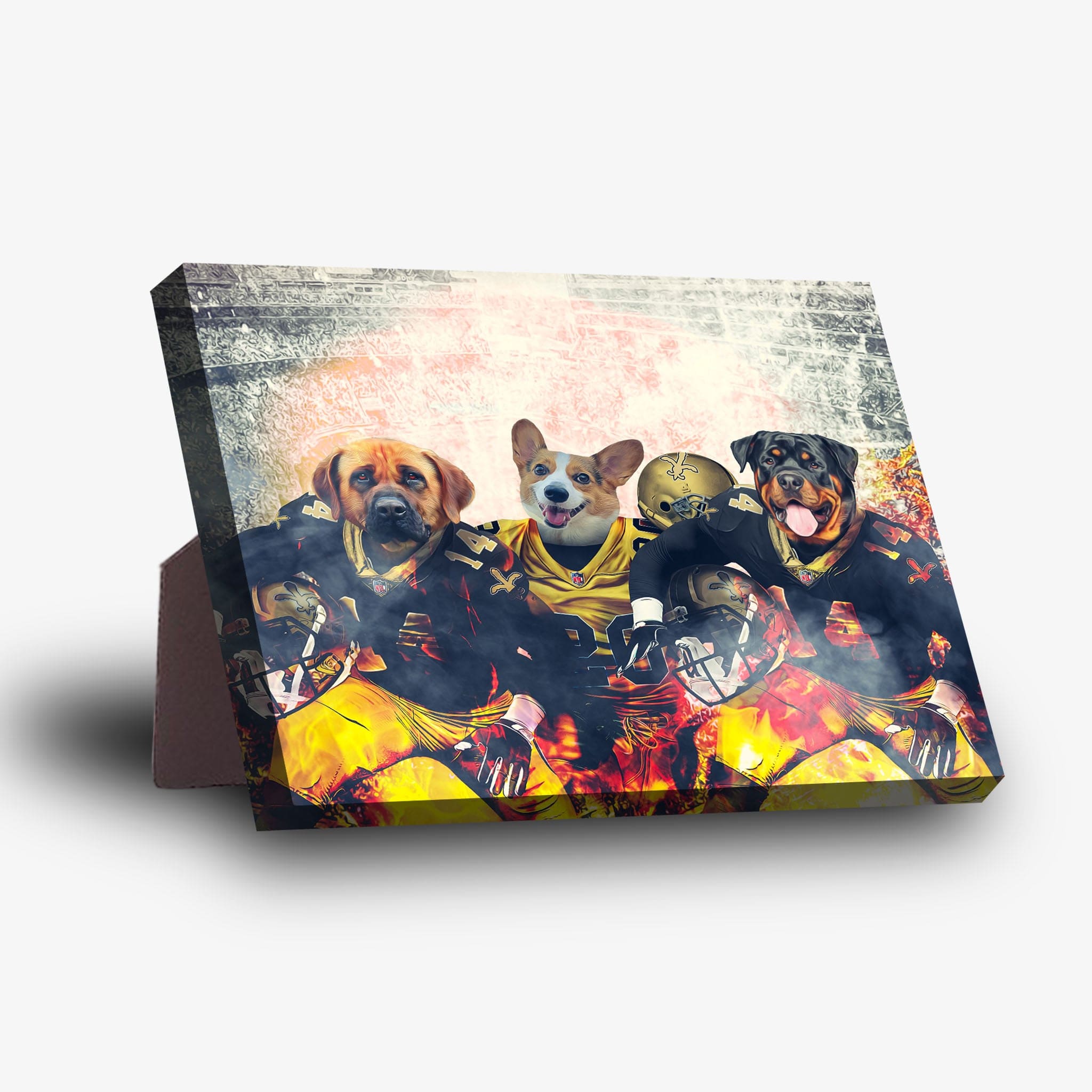 Personalized 3-pet standing canvas featuring dogs in New Orleans Saints football uniforms, with a stadium background.