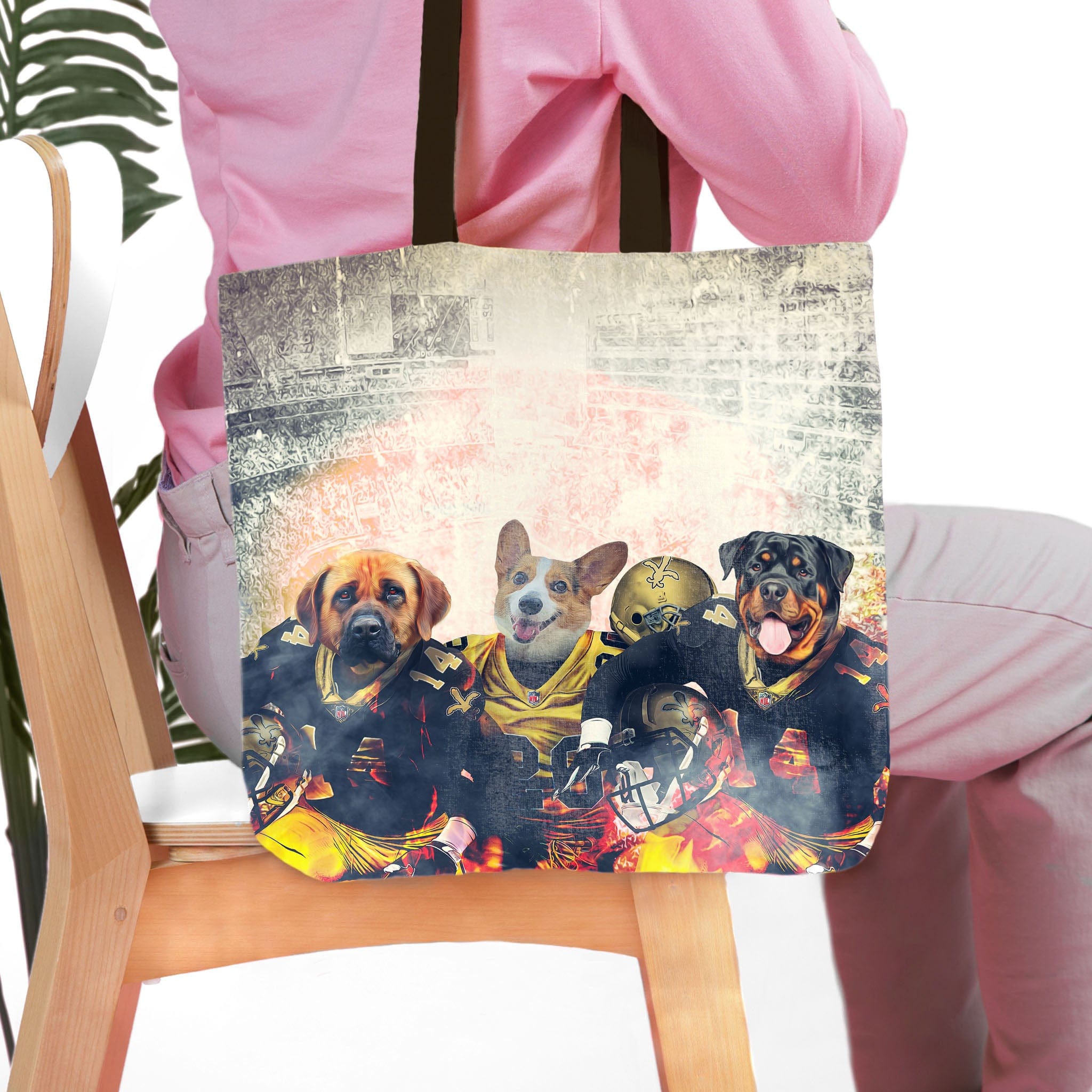 Personalized 3-pet tote bag featuring dogs in New Orleans Saints football uniforms.