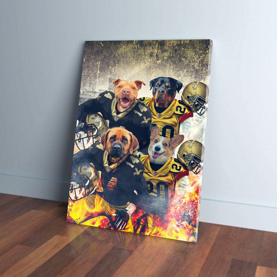 Personalized 4-pet canvas featuring dogs in New Orleans Saints football uniforms with helmets and fiery effects.