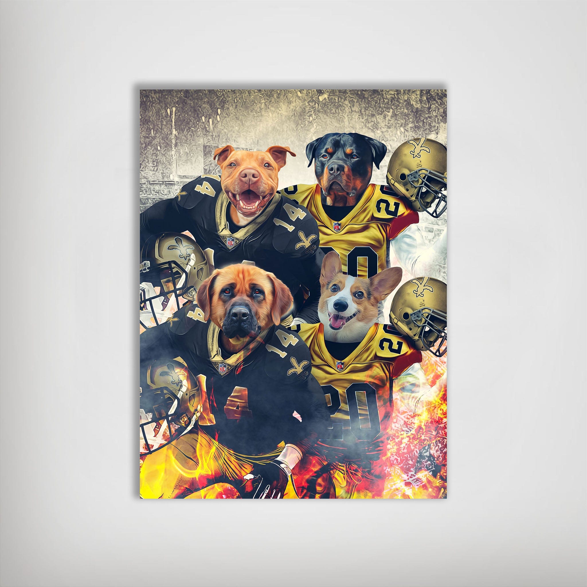Personalized 4-pet poster featuring dogs in New Orleans Saints football uniforms with helmets and fire effects.