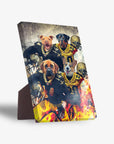 Personalized 4-pet standing canvas featuring dogs in black and gold football uniforms with a fiery background.
