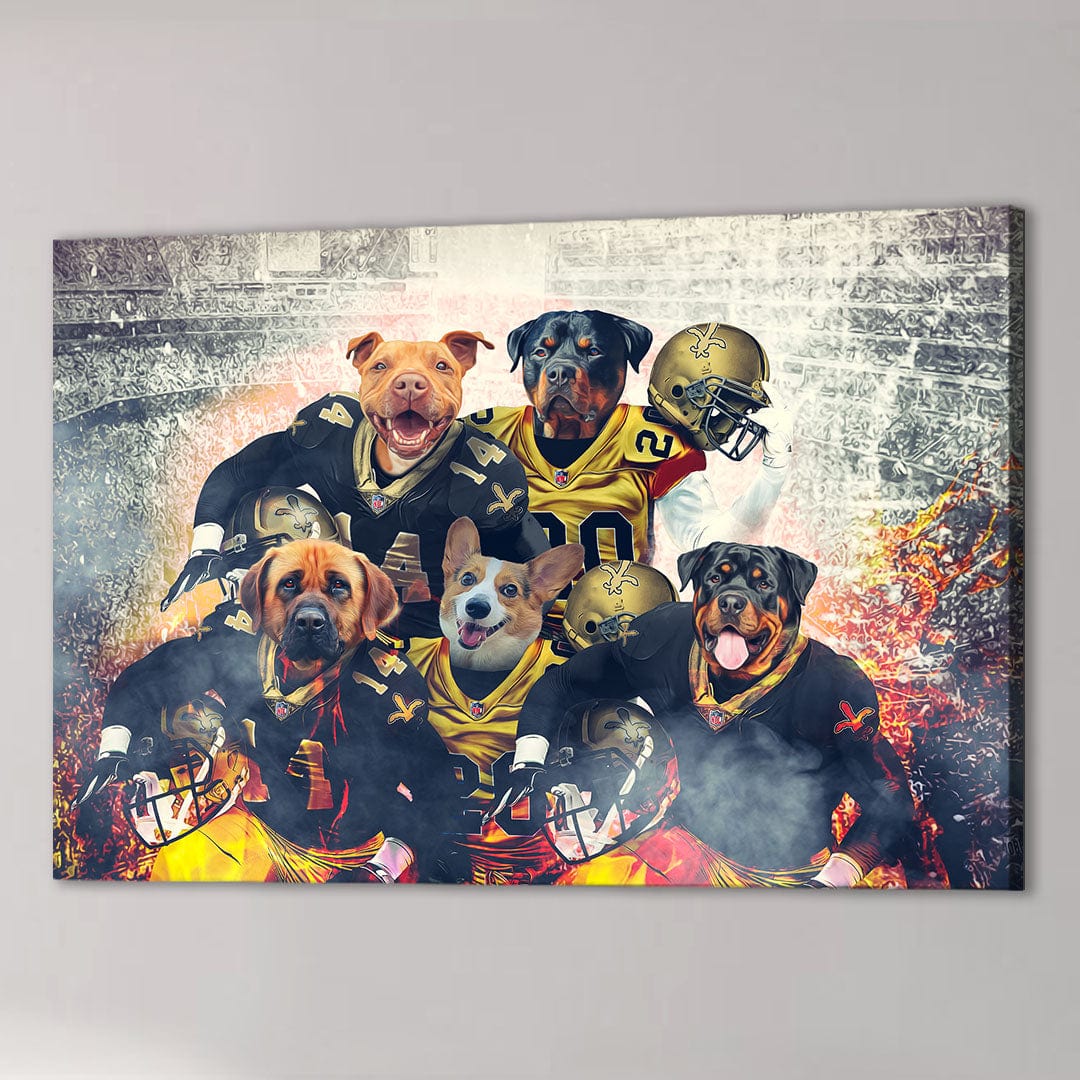 Custom 5-pet canvas featuring dogs in New Orleans Saints football uniforms against a stadium backdrop.