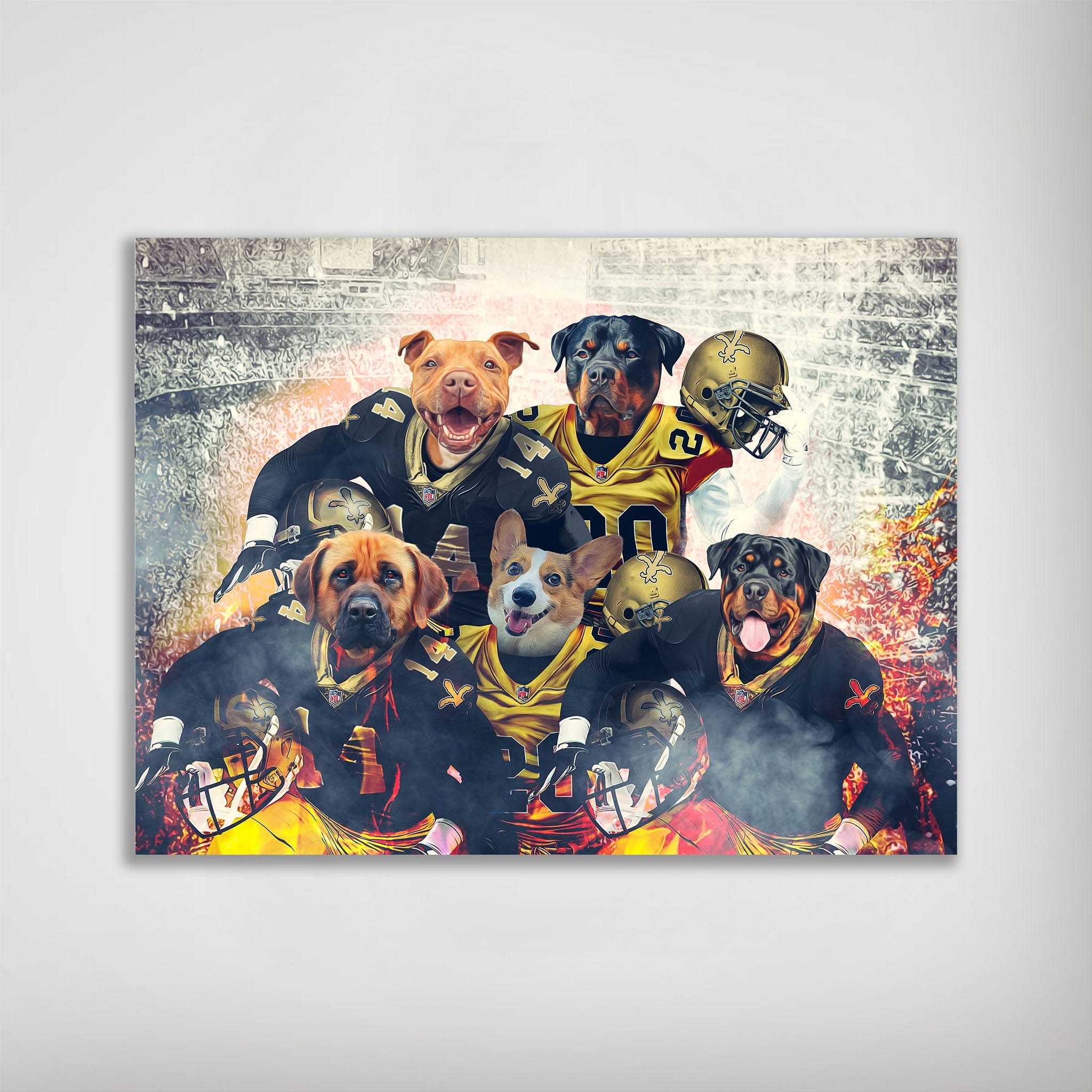 Personalized poster featuring five pets as New Orleans Saints football players in gold and black uniforms.