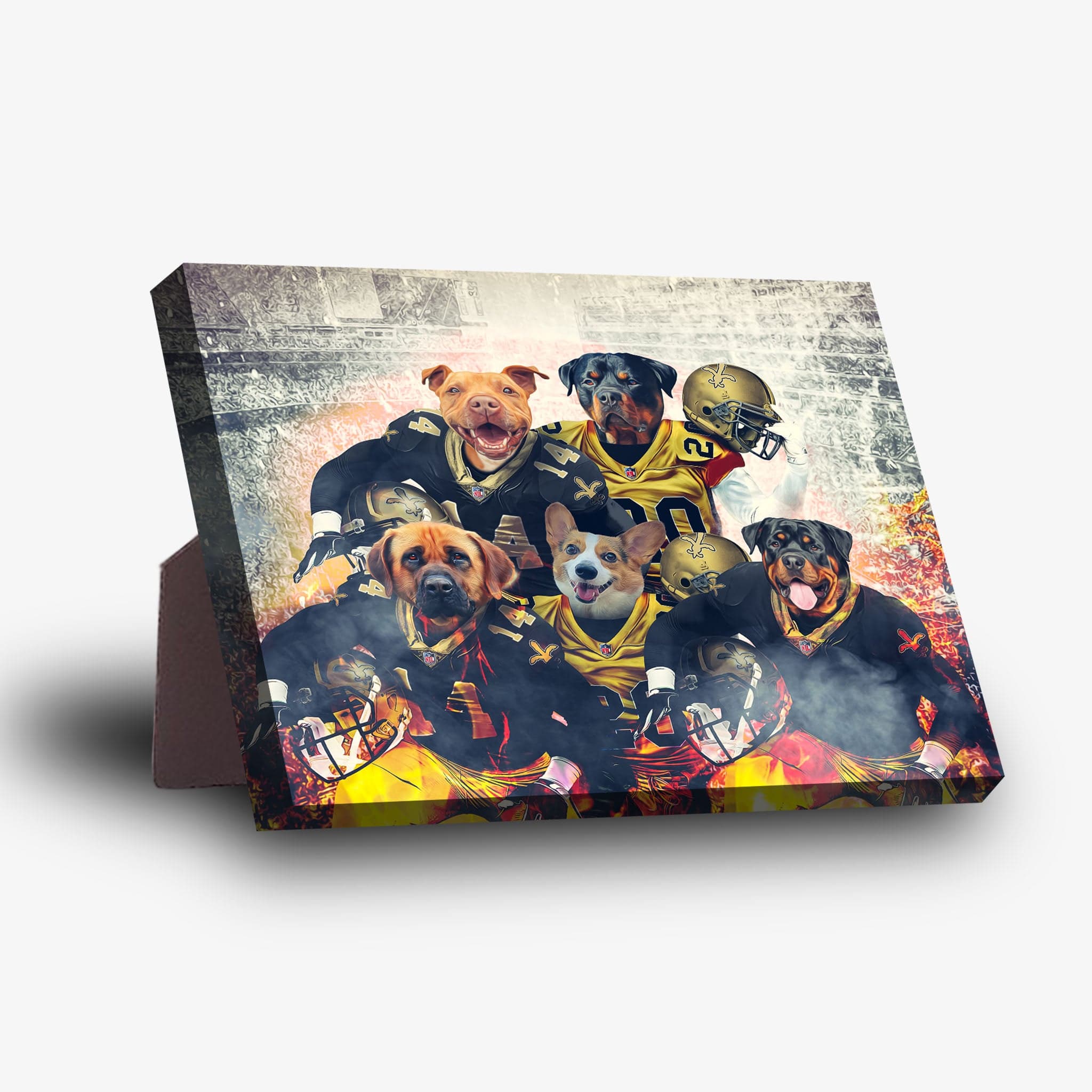 Personalized 5-pet standing canvas featuring dogs in New Orleans Saints football uniforms.