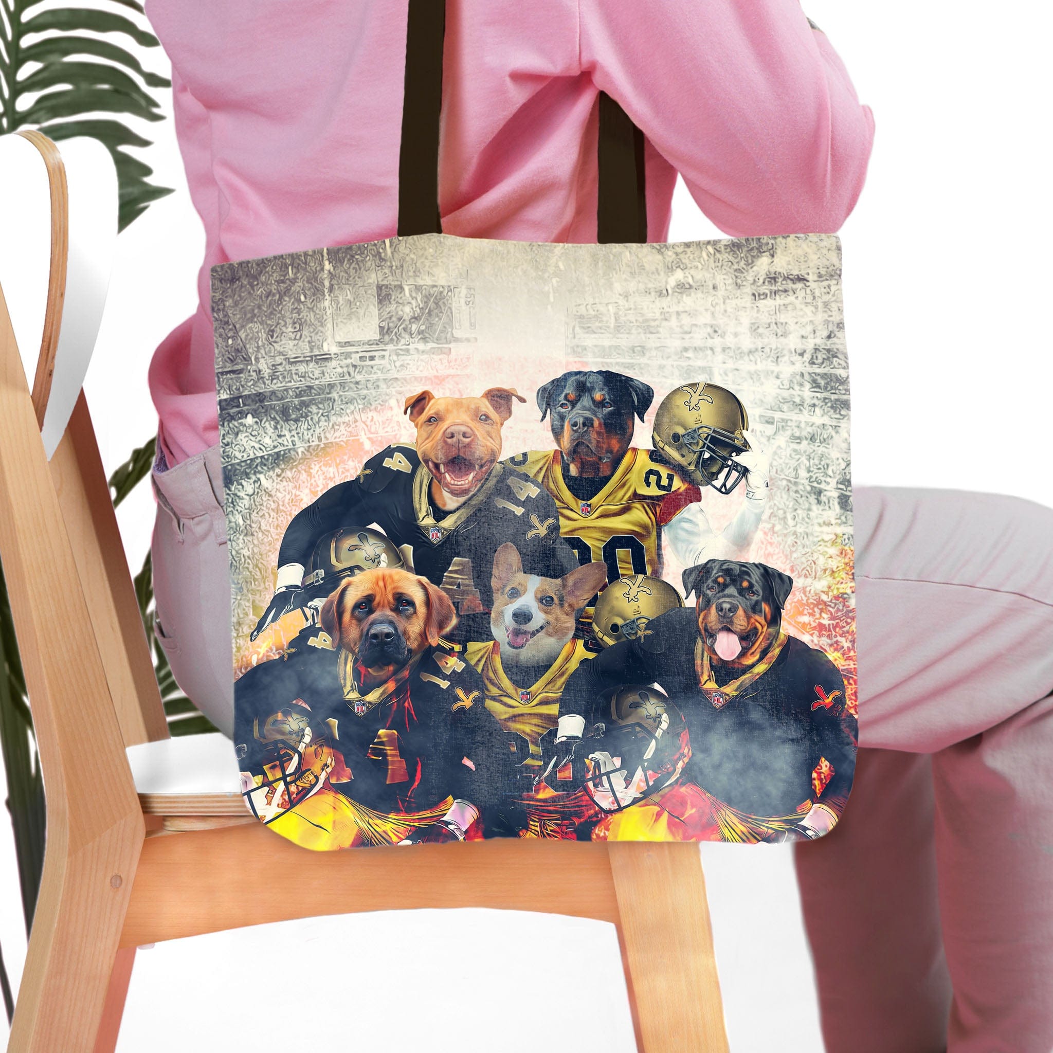 Personalized 5-pet tote bag featuring dogs in New Orleans Saints football uniforms.