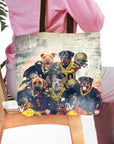 Personalized 5-pet tote bag featuring dogs in New Orleans Saints football uniforms.