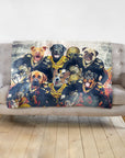 Personalized blanket with six dogs in New Orleans Saints football uniforms.