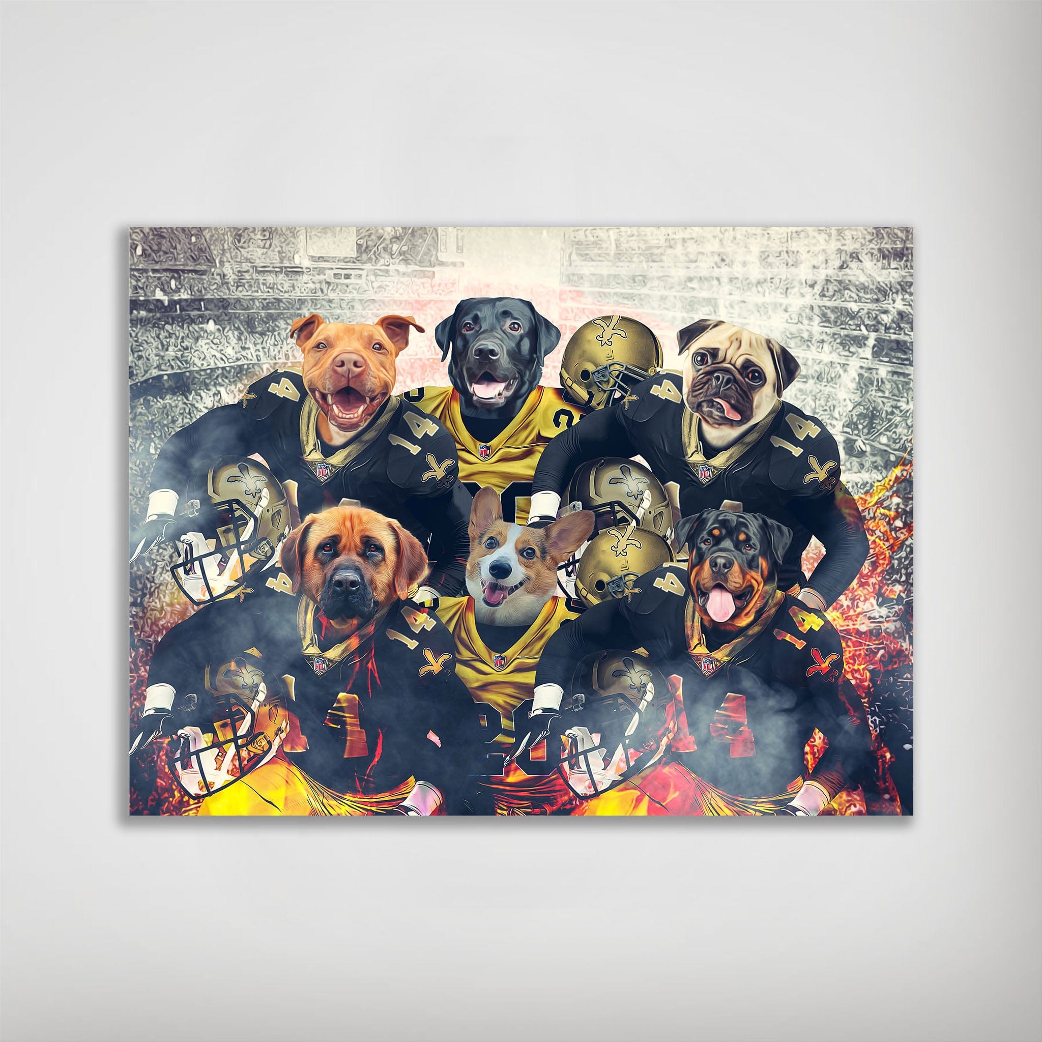 Personalized poster featuring six pets as New Orleans Saints football players in black and gold uniforms.