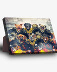 Personalized 6-pet standing canvas featuring dogs in black and gold football uniforms.