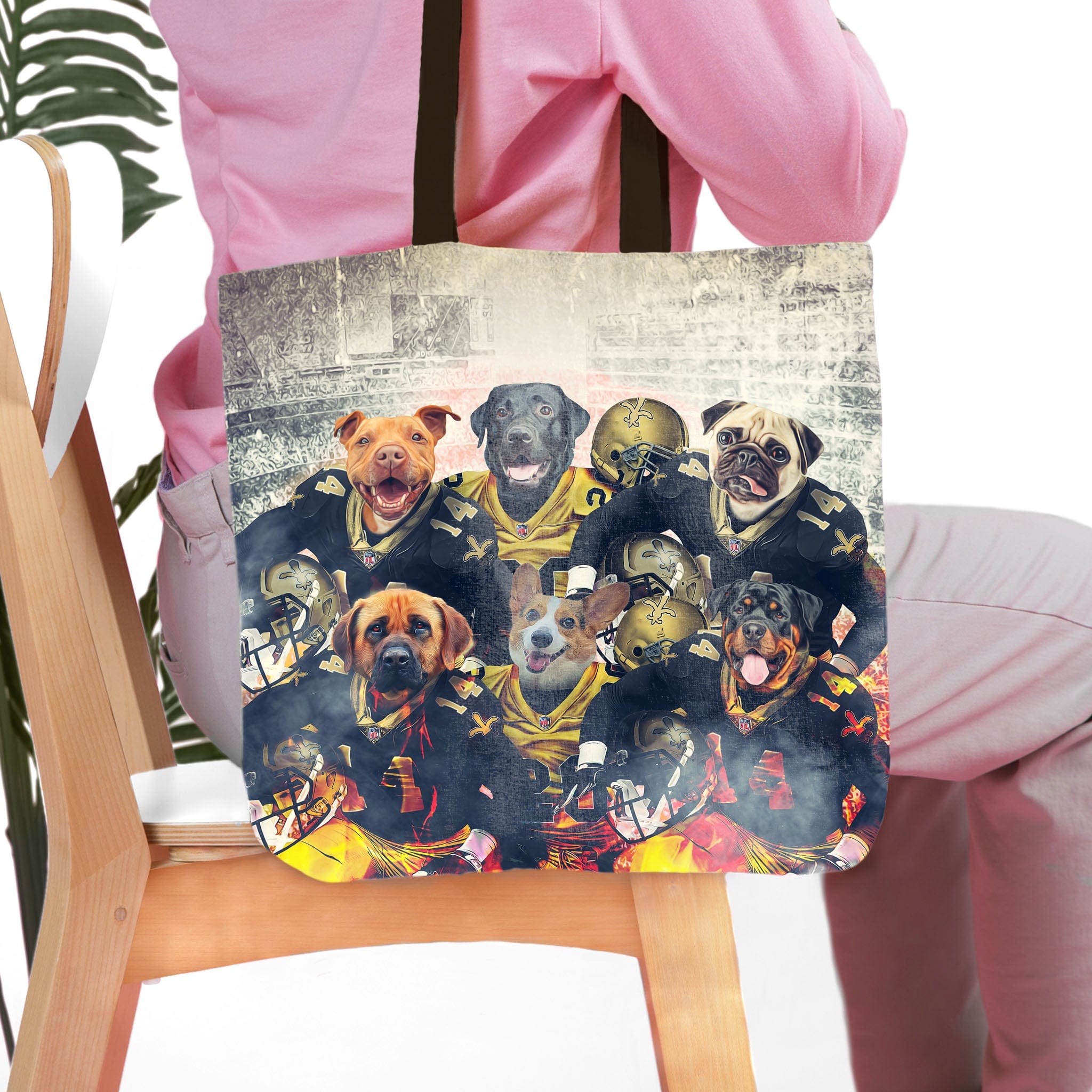 Personalized New Orleans Doggos 6-pet tote bag with custom dog portraits in football uniforms.