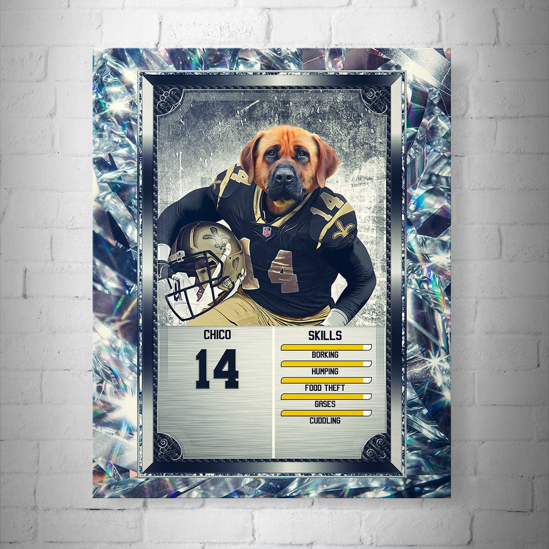 Personalized 8x10" matte poster featuring a dog in a black football jersey and helmet, designed as a trading card.