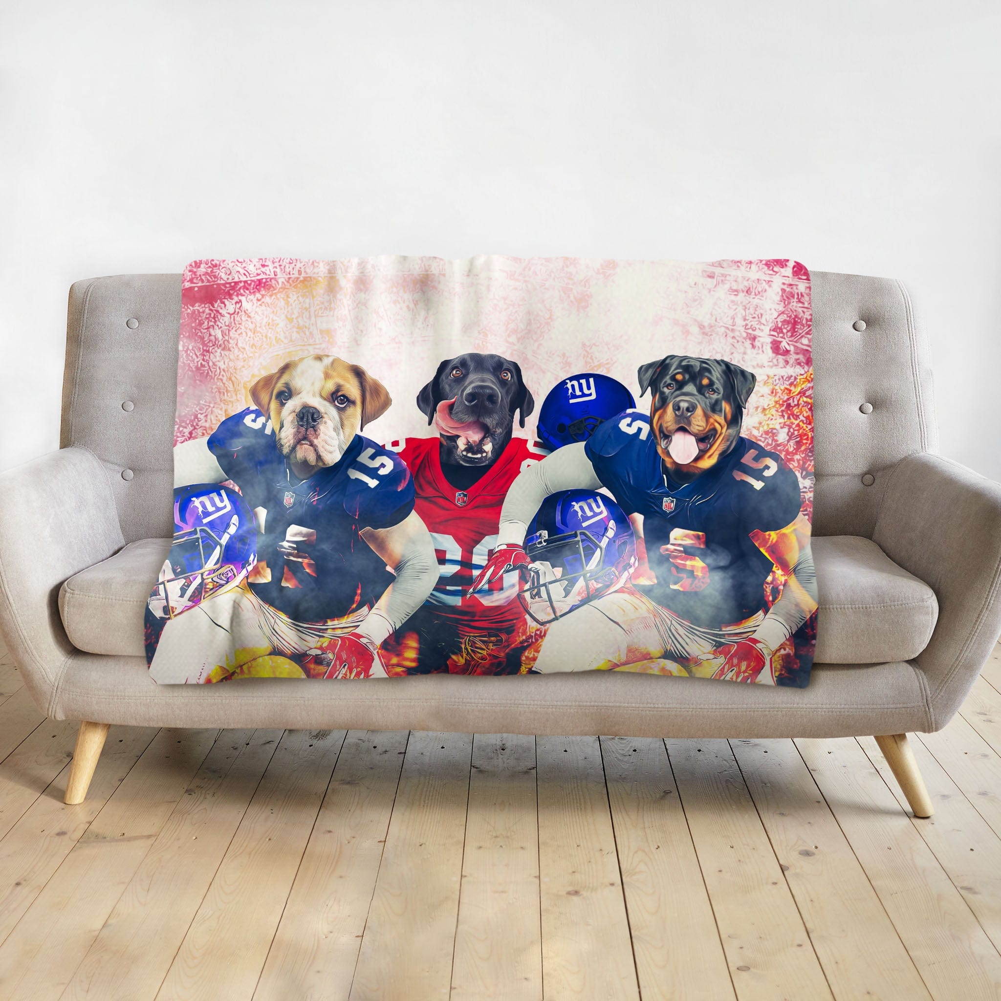 Personalized 3-pet blanket with dogs in New York Giants football uniforms.