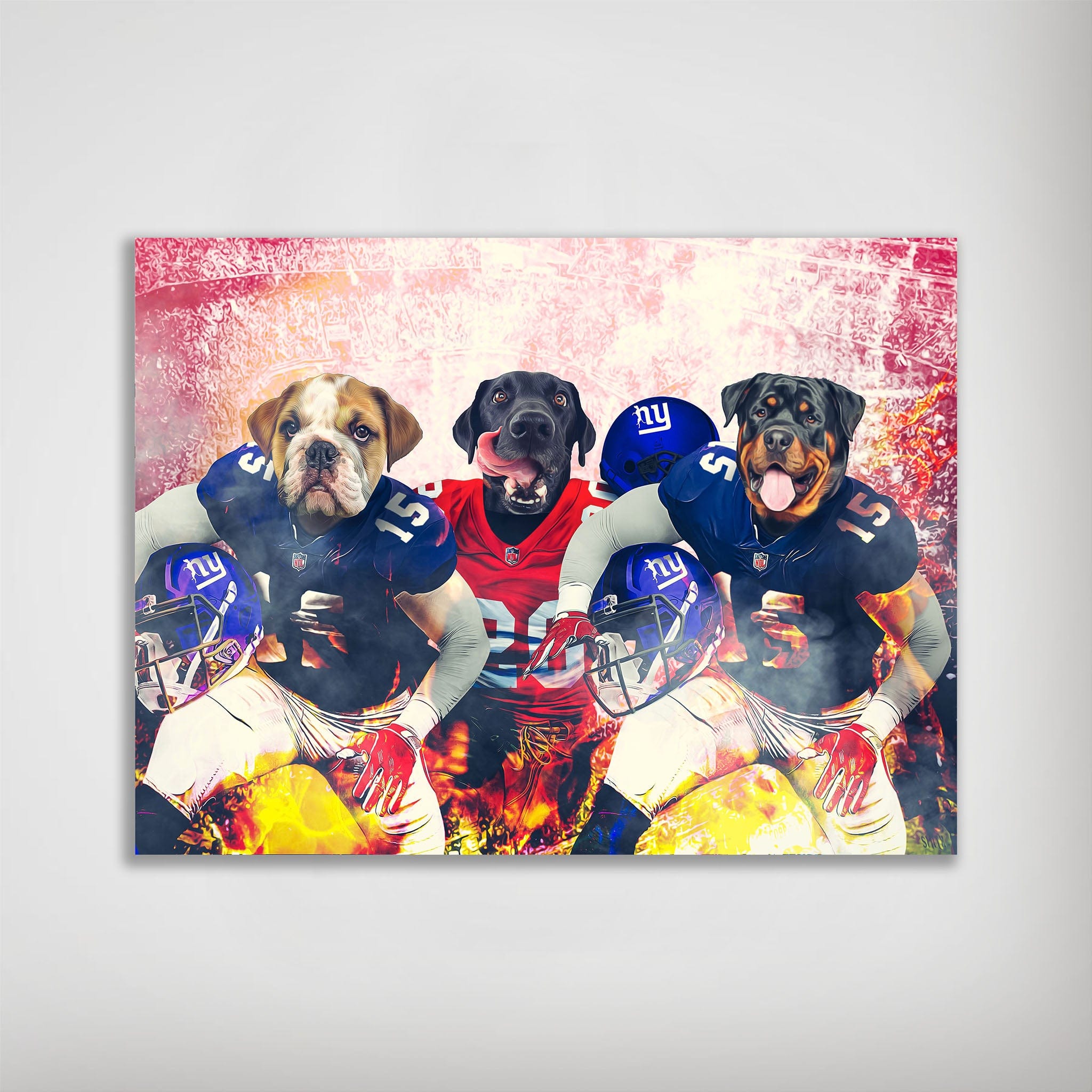 Personalized 3 pet poster featuring a bulldog, lab, and rottweiler in New York Giants football uniforms.