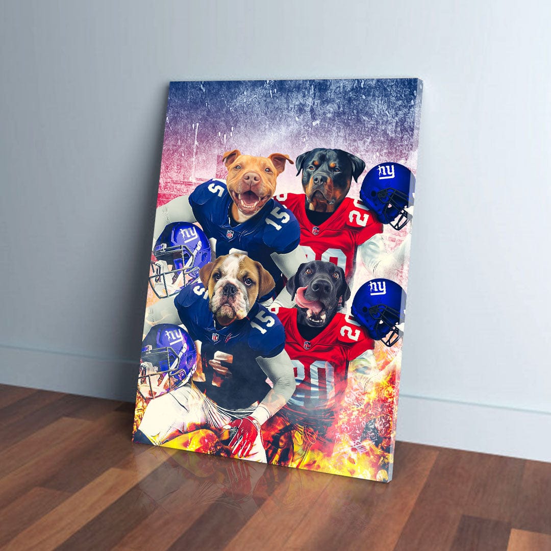 Personalized 4-pet canvas featuring dogs in blue and red football jerseys with helmets.
