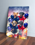 Personalized 4-pet canvas featuring dogs in blue and red football jerseys with helmets.