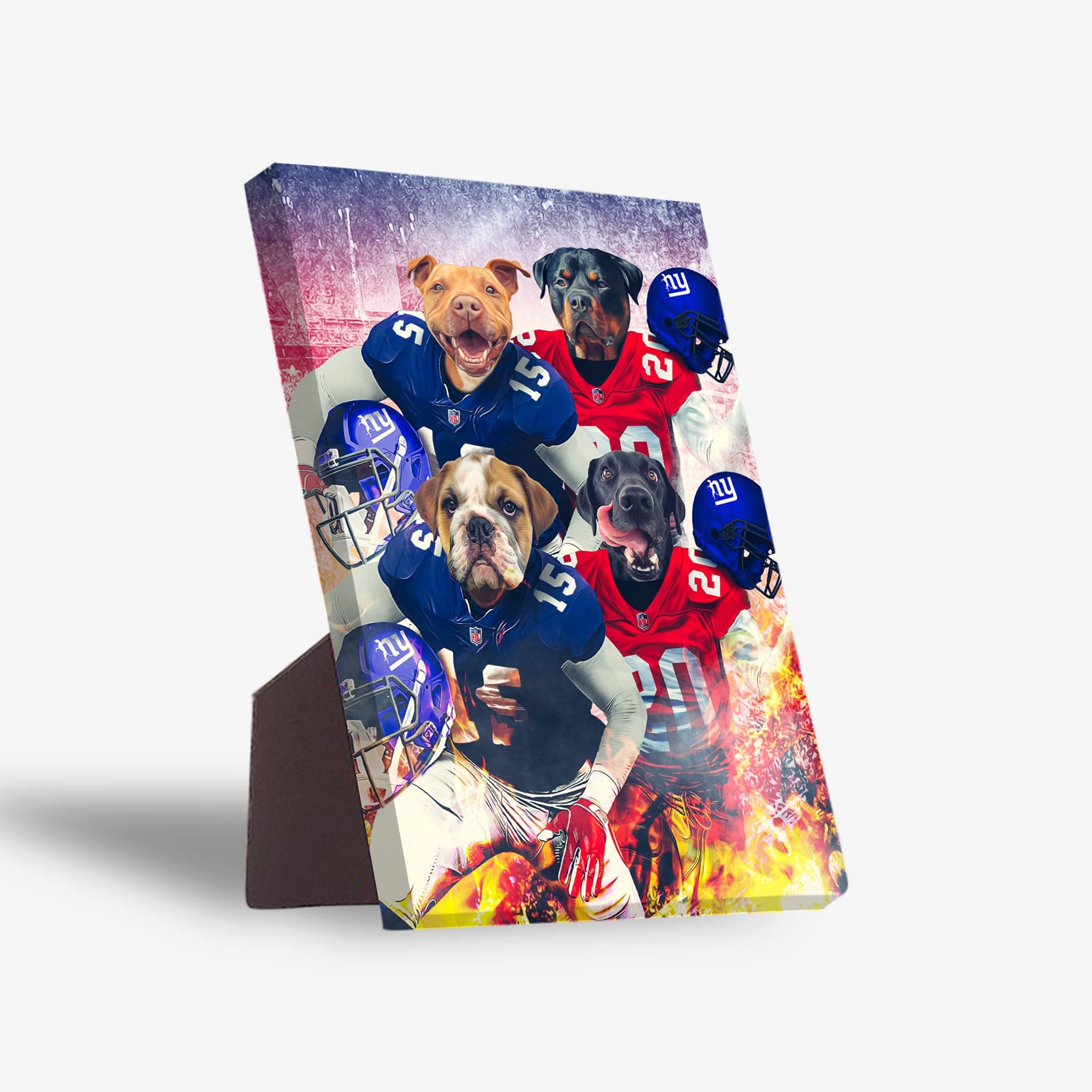 Personalized standing canvas featuring four pets as New York Doggos football players in blue and red uniforms.