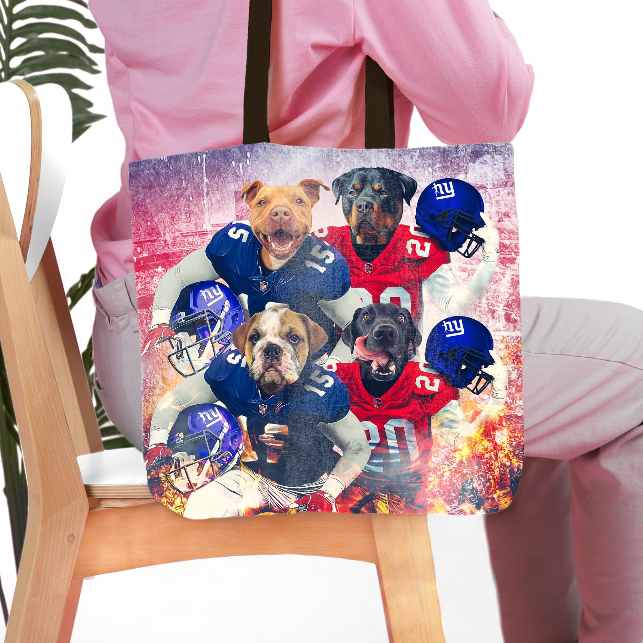 Personalized 4-pet tote bag with dogs in New York Giants football uniforms.