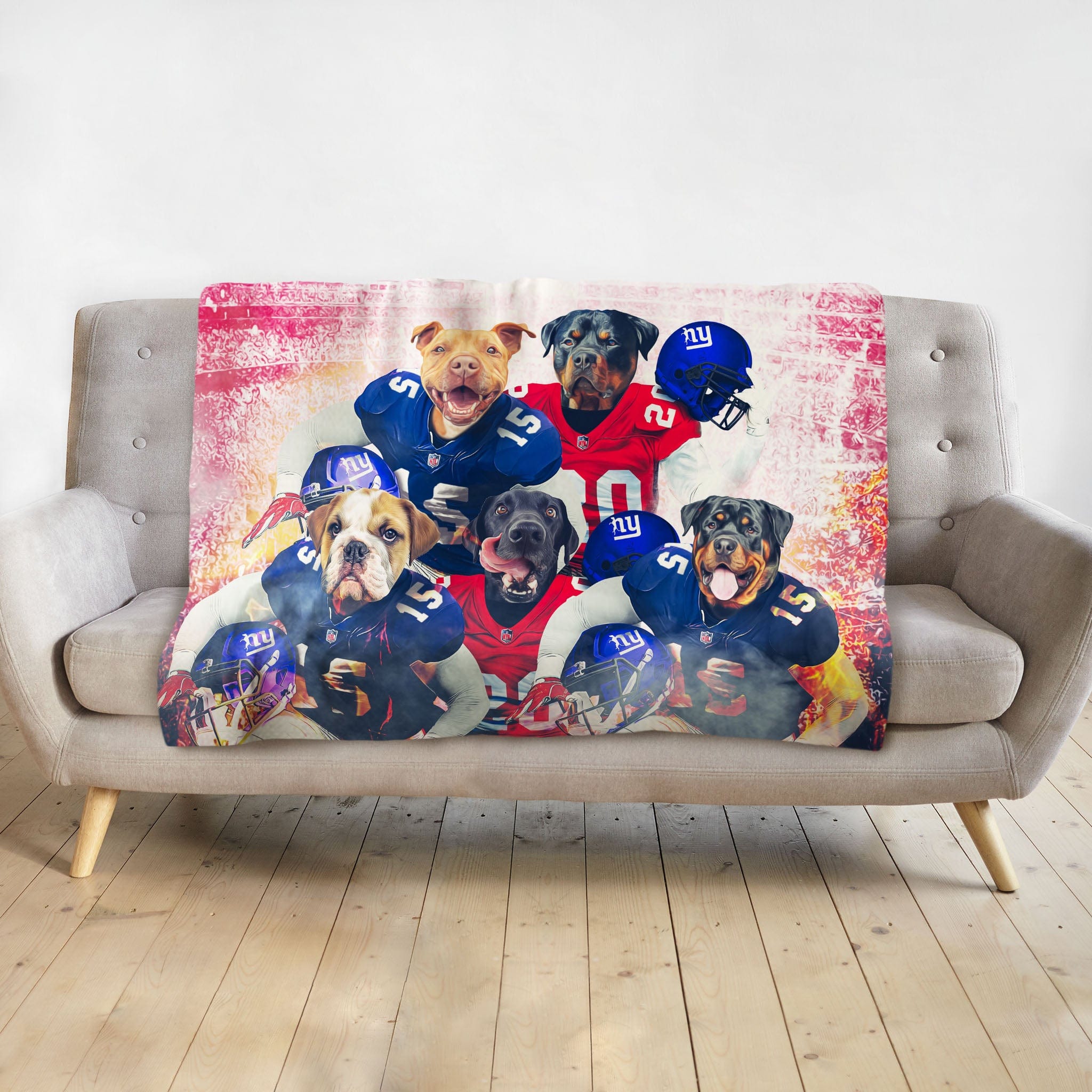 Personalized 5-pet blanket with dogs in New York Giants football uniforms, red and blue.