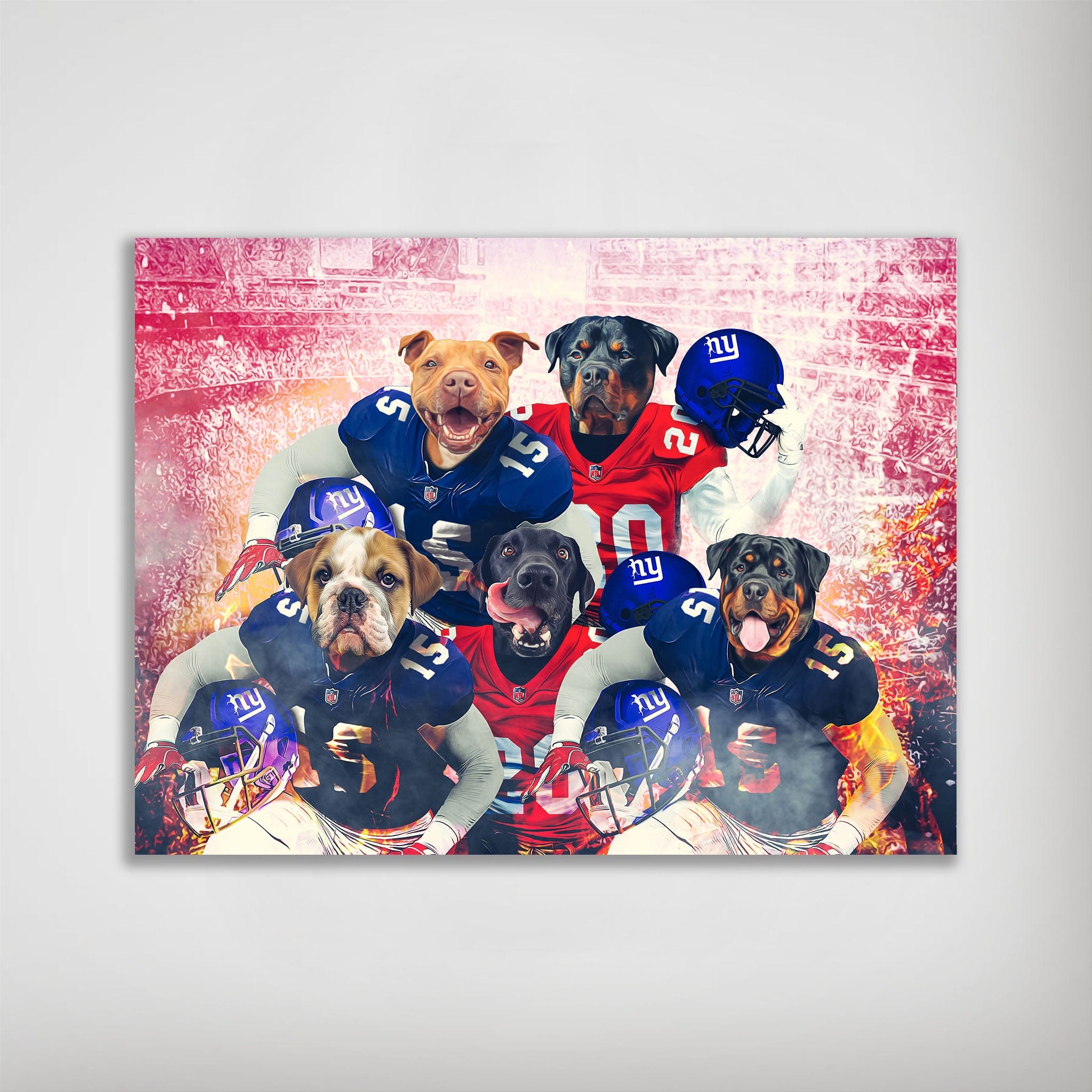 Personalized 5-pet poster featuring dogs in New York Giants football uniforms against a stadium backdrop.