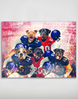 Personalized 5-pet poster featuring dogs in New York Giants football uniforms against a stadium backdrop.