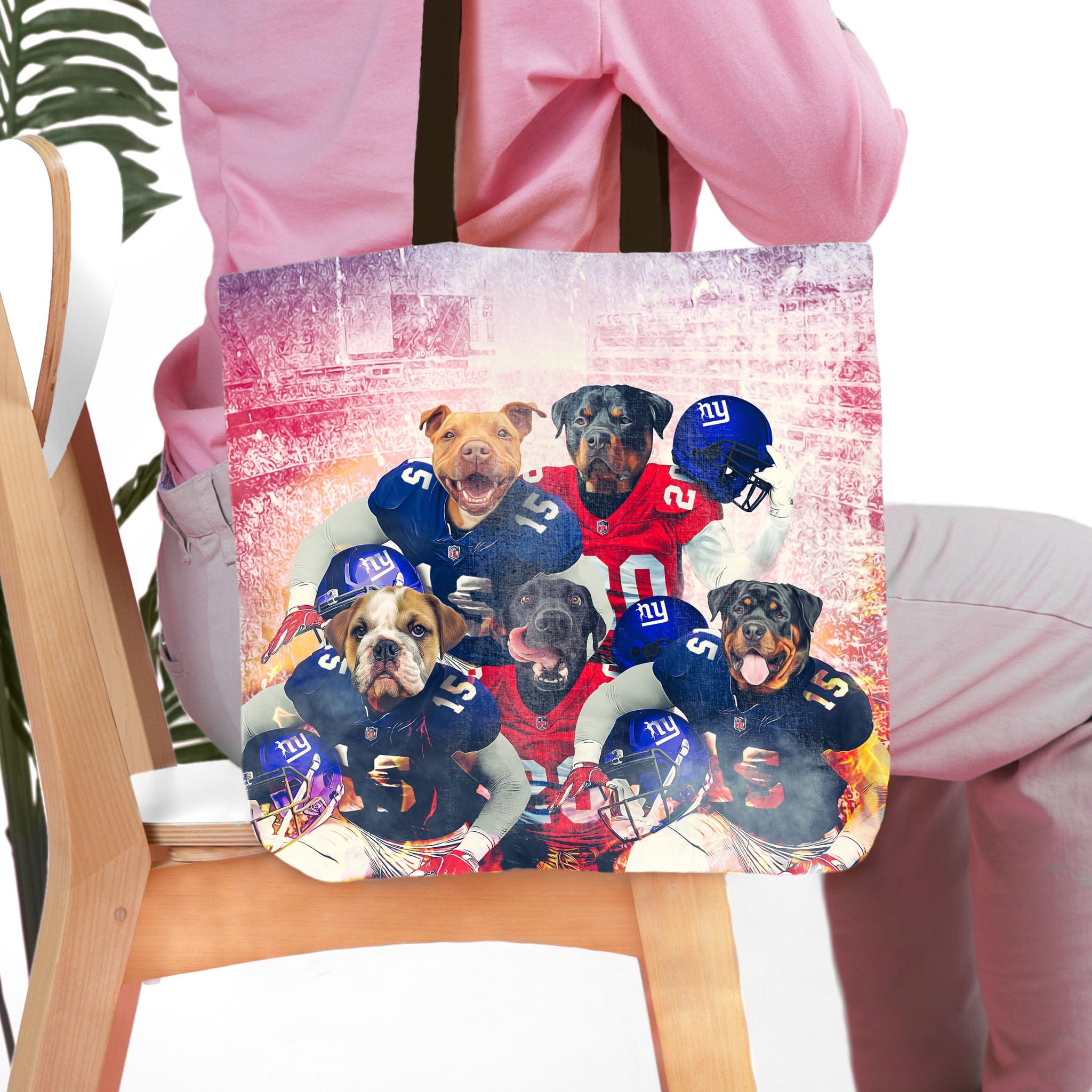 Personalized 5-pet tote bag featuring dogs in New York football uniforms.