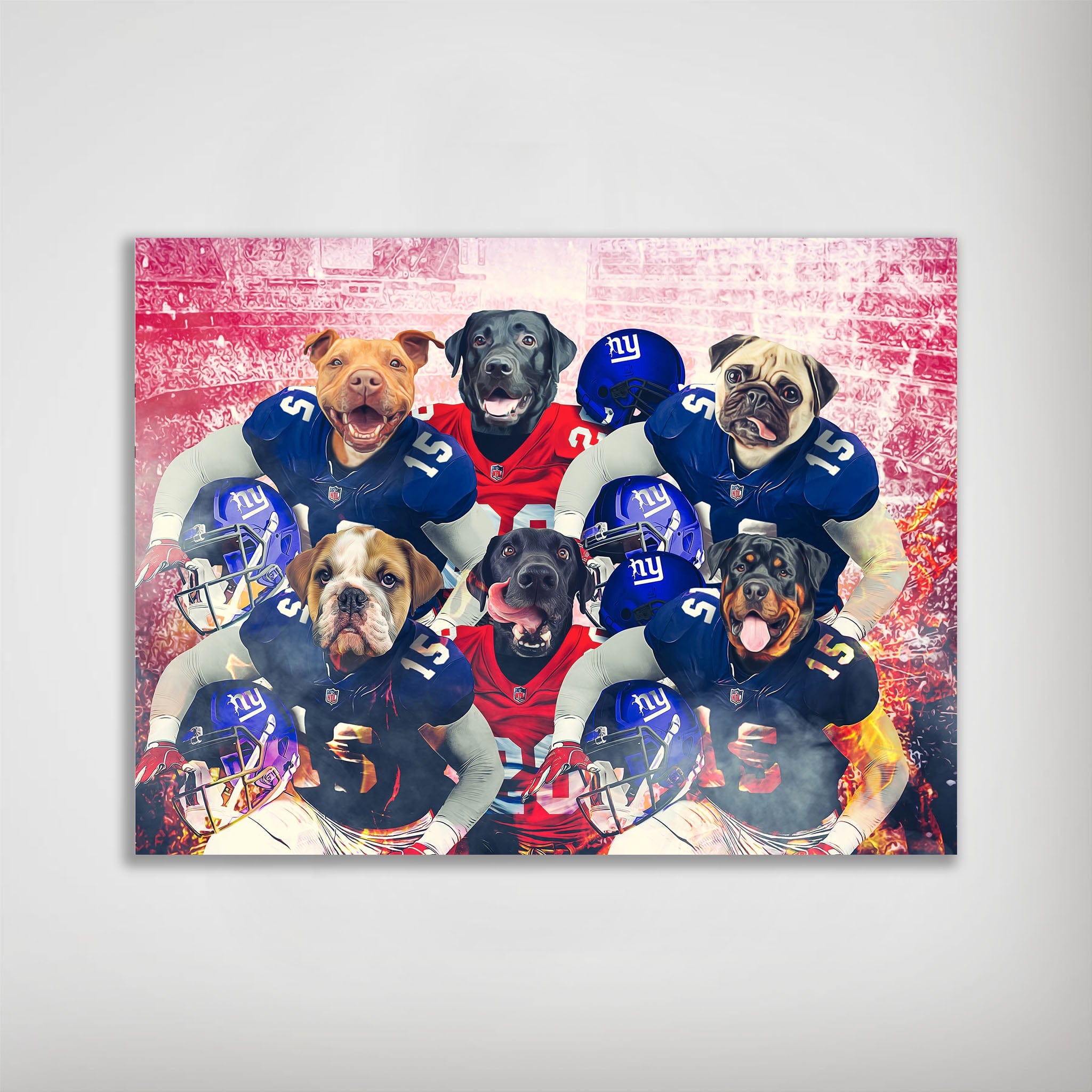 Personalized 'New York Doggos' poster featuring six pets as football players in blue and red jerseys.