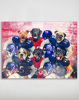 Personalized 'New York Doggos' poster featuring six pets as football players in blue and red jerseys.