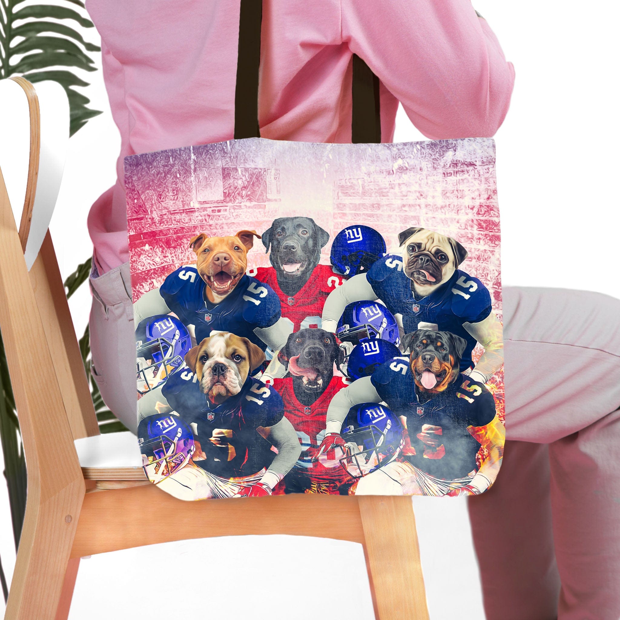 Personalized 6-pet portrait tote bag featuring dogs in New York Giants football uniforms.