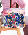 Personalized 6-pet portrait tote bag featuring dogs in New York Giants football uniforms.