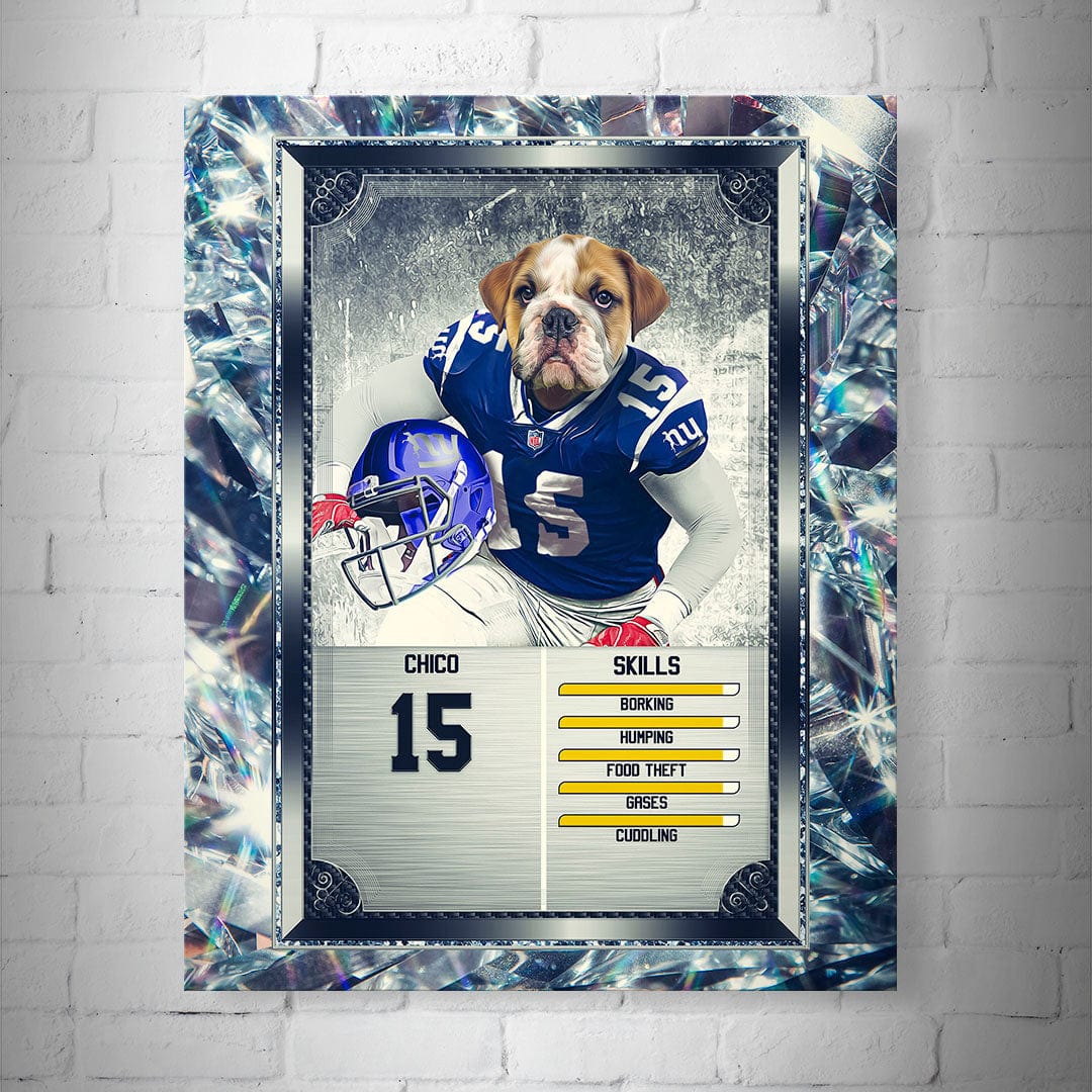 Personalized New York Giants pet football trading card poster featuring a bulldog in a blue jersey.