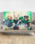 Personalized 3-pet blanket with dogs in New York Jets football uniforms.