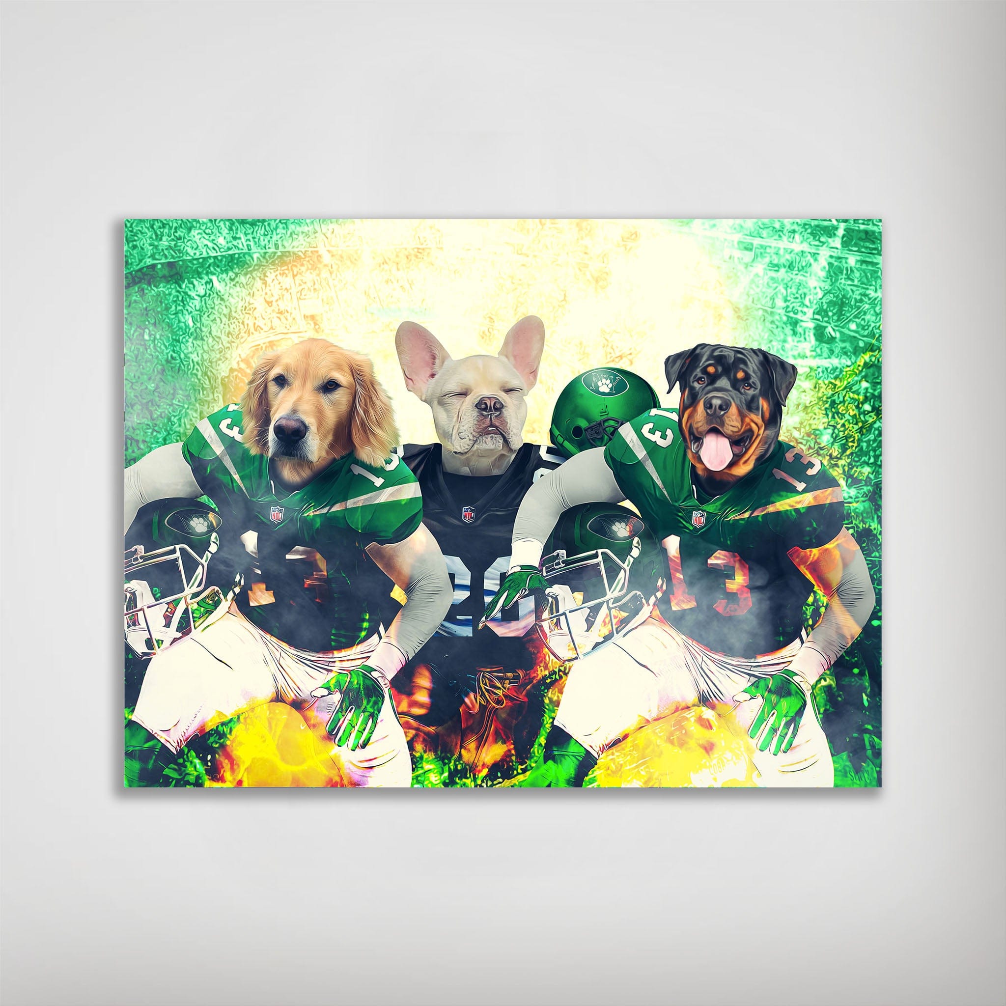 Personalized 'New York Jet-Doggos' poster featuring three pets as football players in green jerseys.