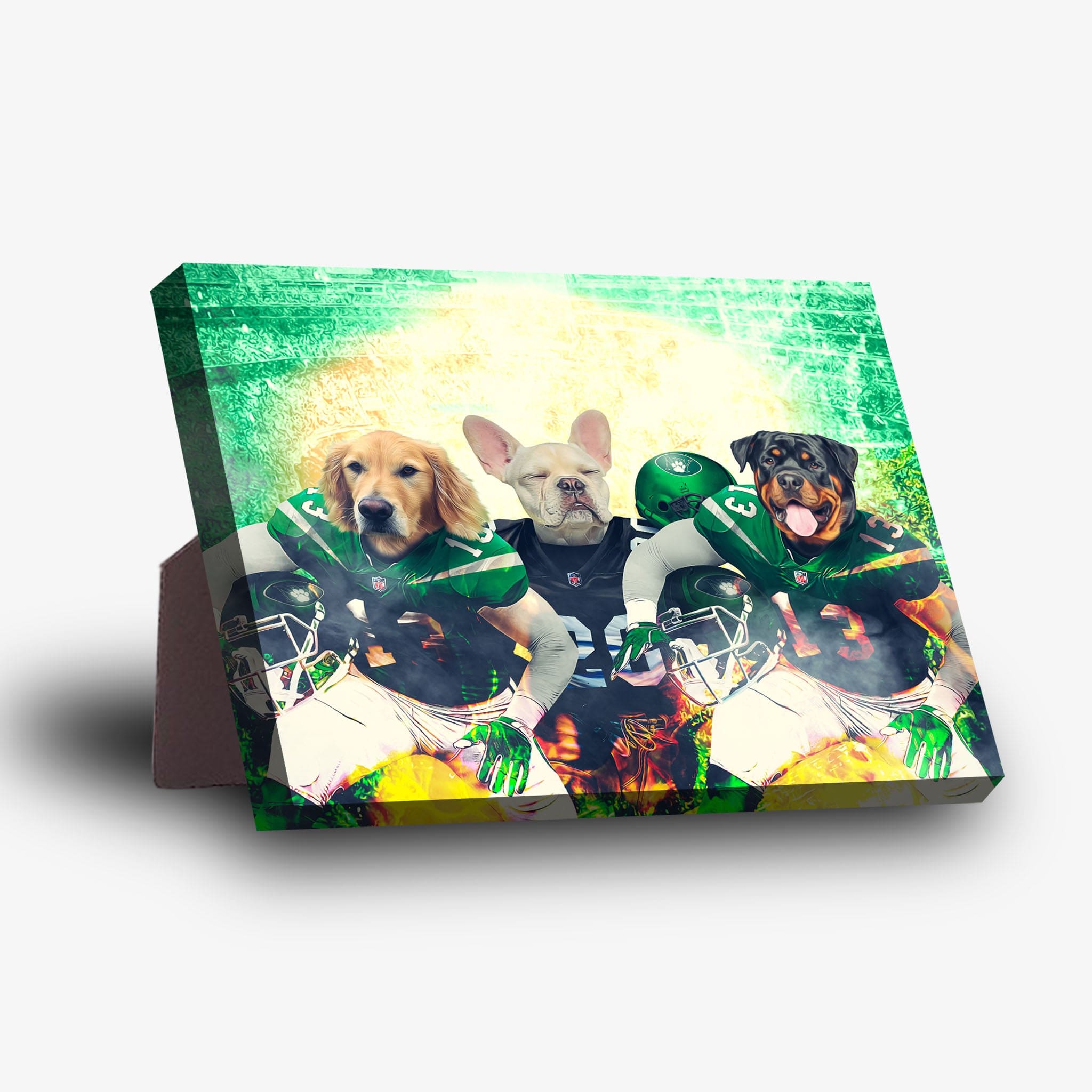 Personalized 'New York Jet-Doggos' 3-pet standing canvas with golden retriever, French bulldog, and rottweiler in green football jerseys.
