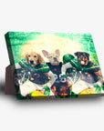 Personalized 'New York Jet-Doggos' 3-pet standing canvas with golden retriever, French bulldog, and rottweiler in green football jerseys.