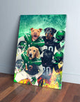 Personalized 'New York Jet-Doggos' canvas featuring four pets in football uniforms on a green background.