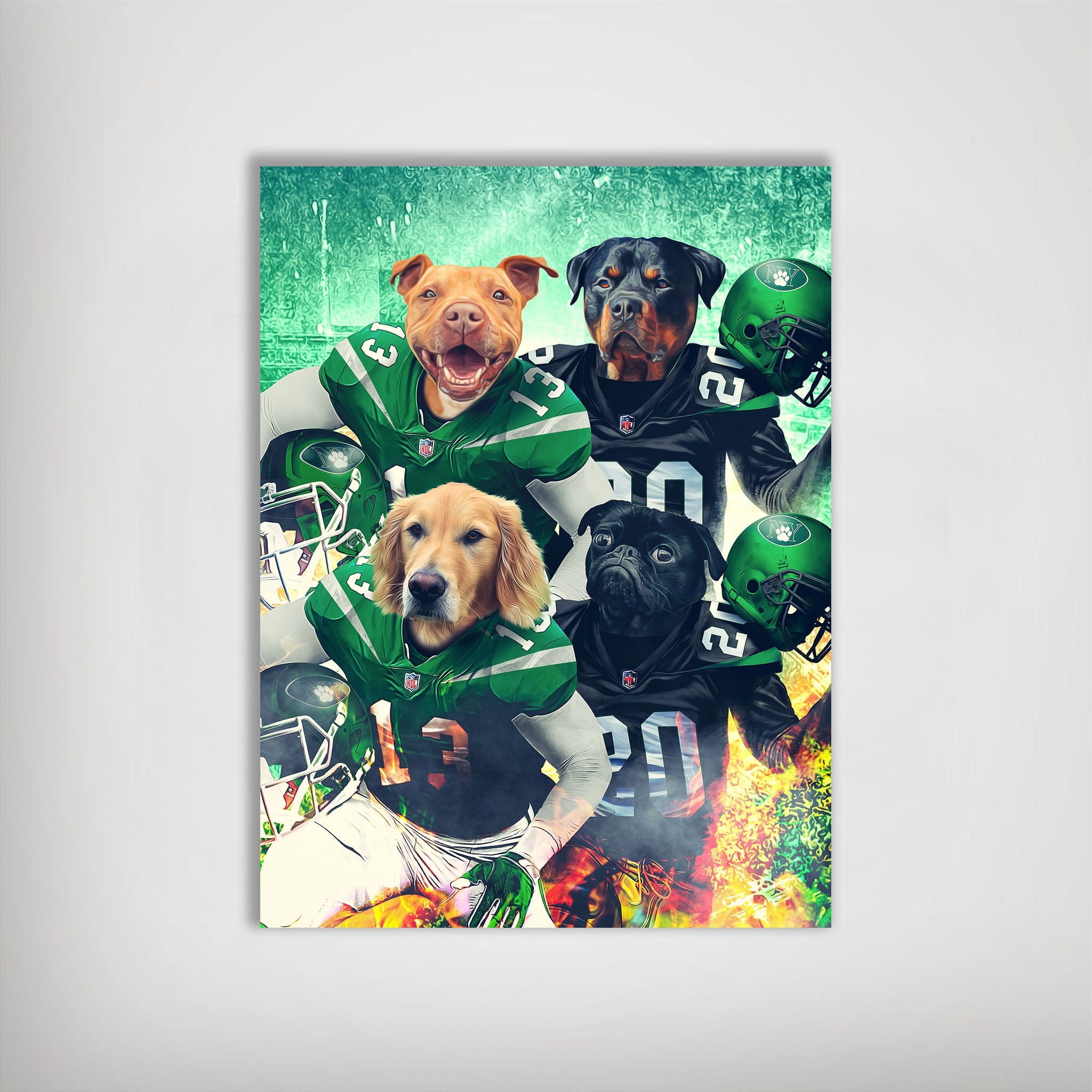 Personalized New York Jet-Doggos poster featuring four pets as football players in green and black jerseys.