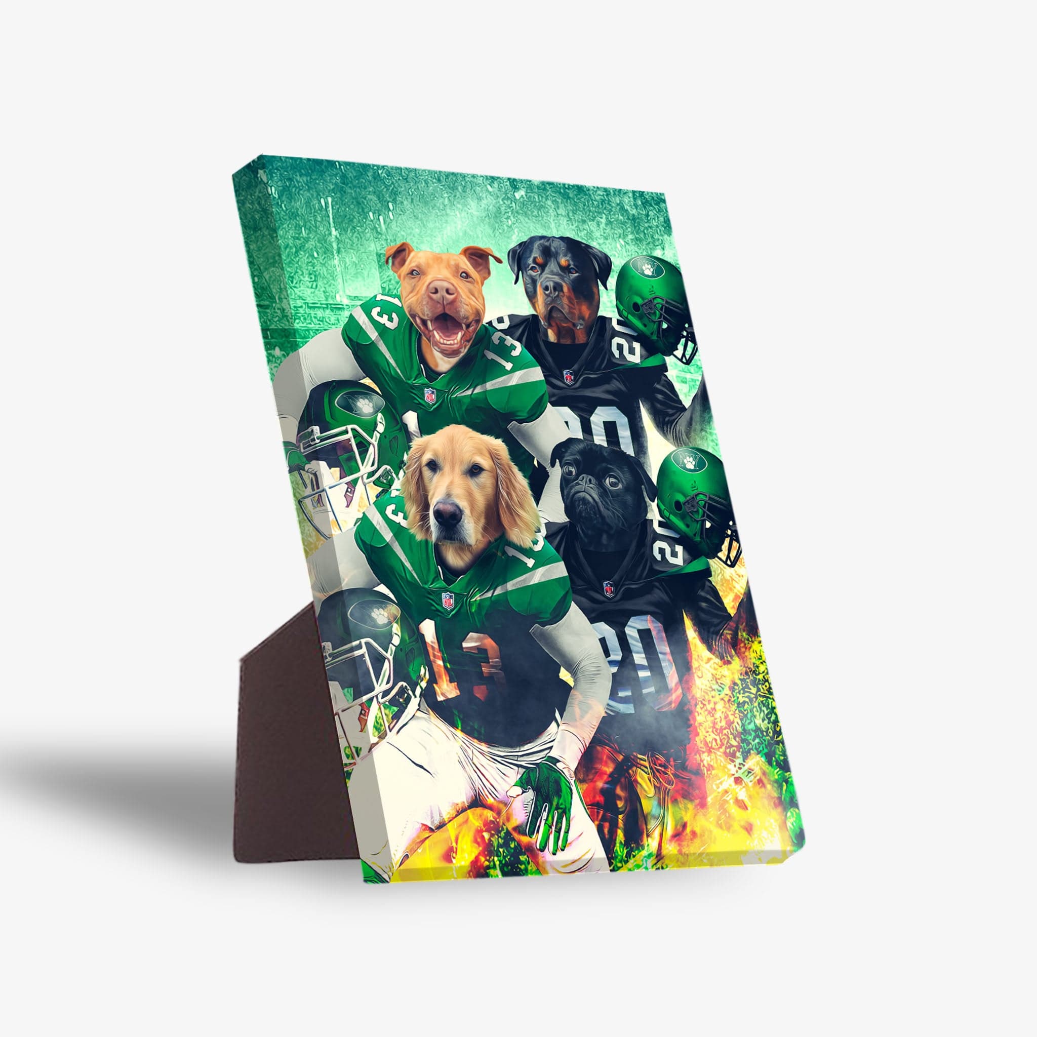 Personalized 'New York Jet-Doggos' standing canvas featuring four pets in green and black football uniforms.