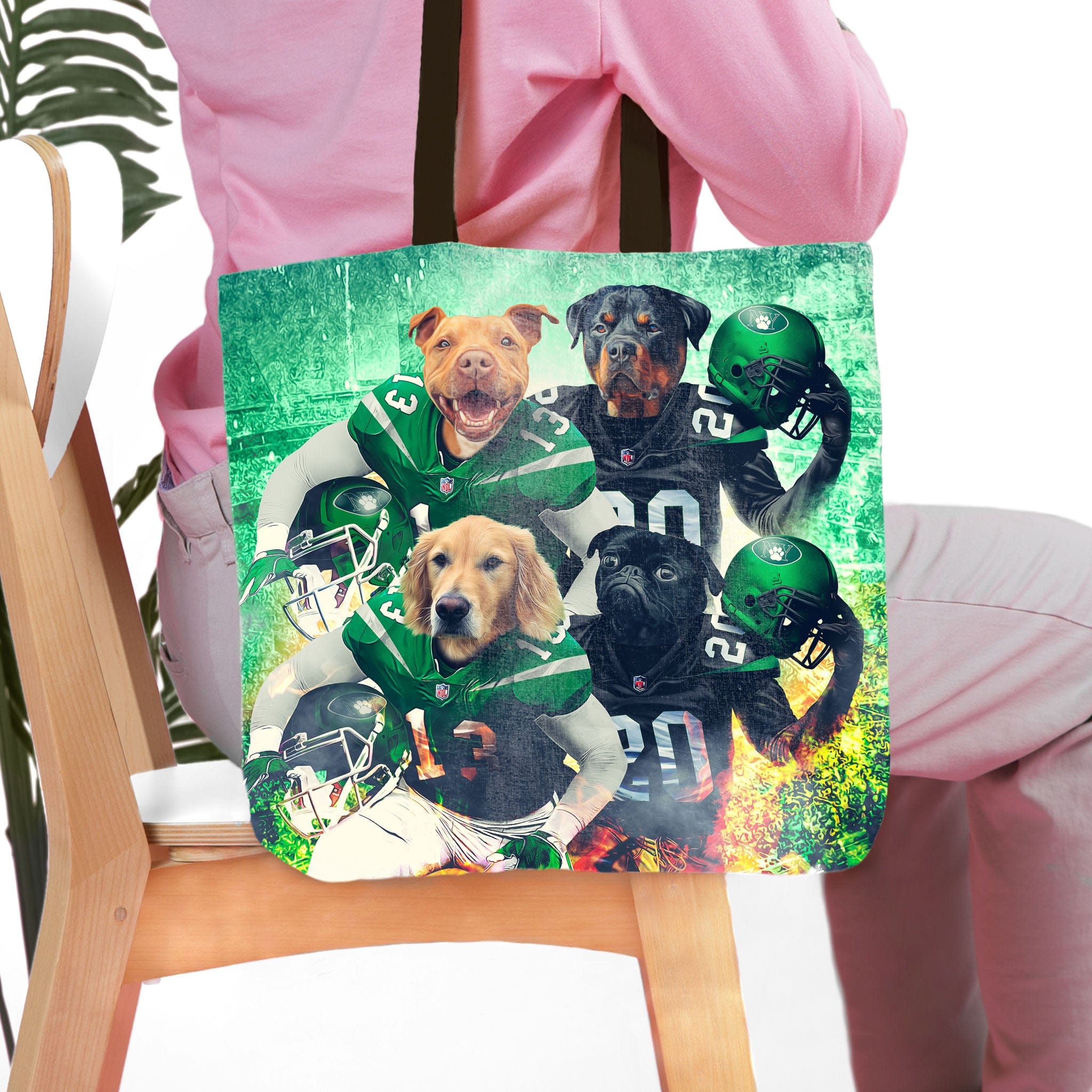 Personalized 4-pet tote bag featuring dogs in New York Jet-style football uniforms.