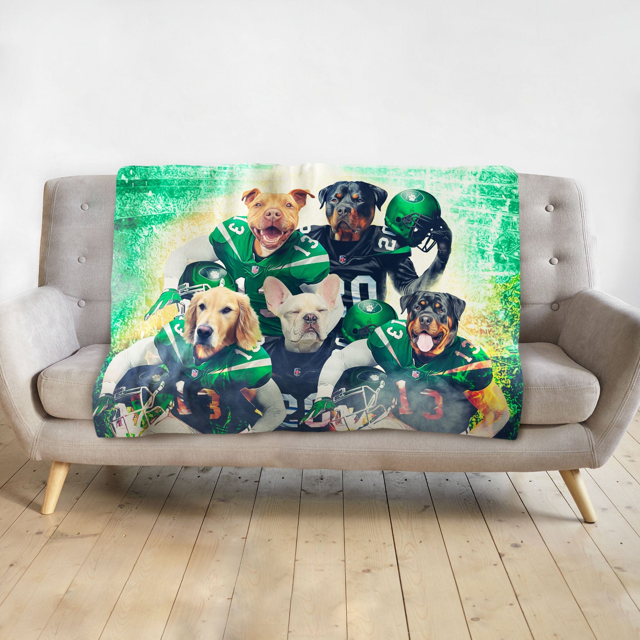 Personalized New York Jets-themed blanket with five dogs in football uniforms.