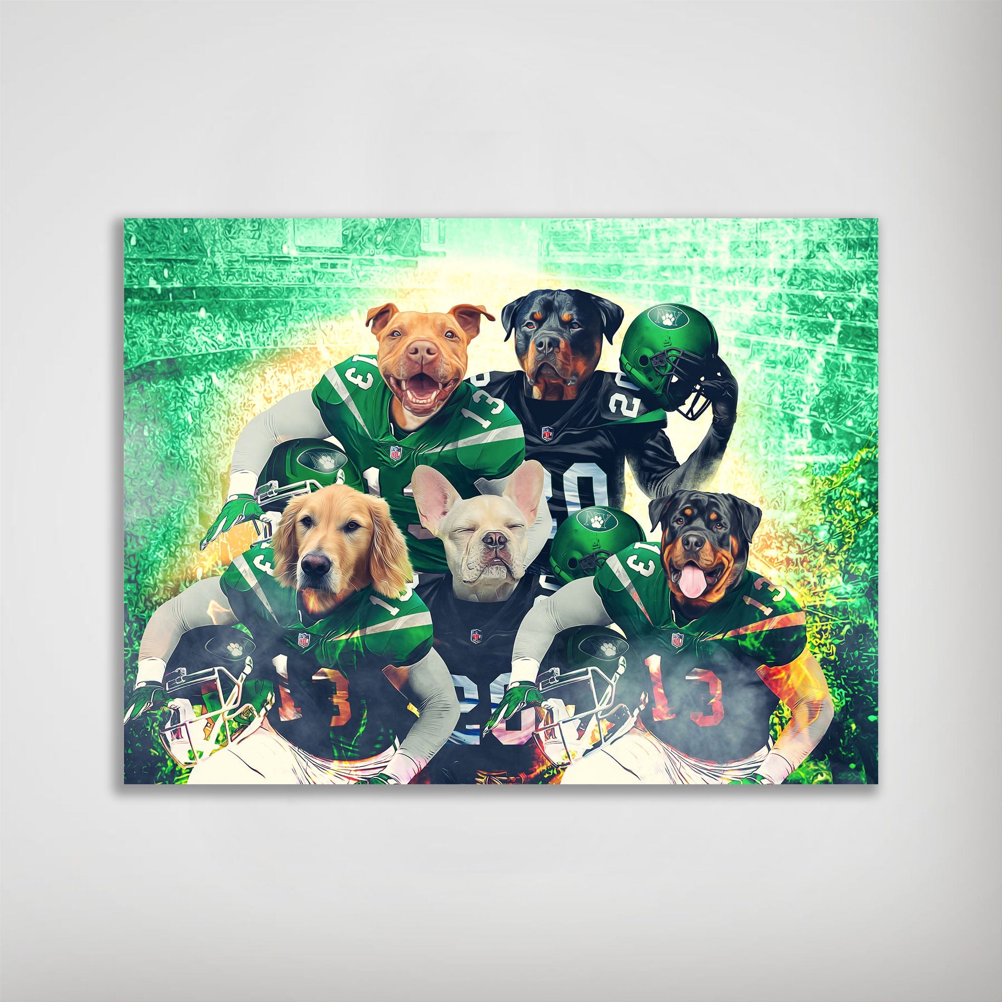 Personalized matte poster featuring five dogs in green New York Jets football uniforms against a stadium backdrop.