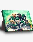 Personalized 'New York Jet-Doggos' standing canvas featuring five pets in green football jerseys.