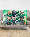 Personalized custom pet portrait blanket featuring six dogs in New York Jets football uniforms.