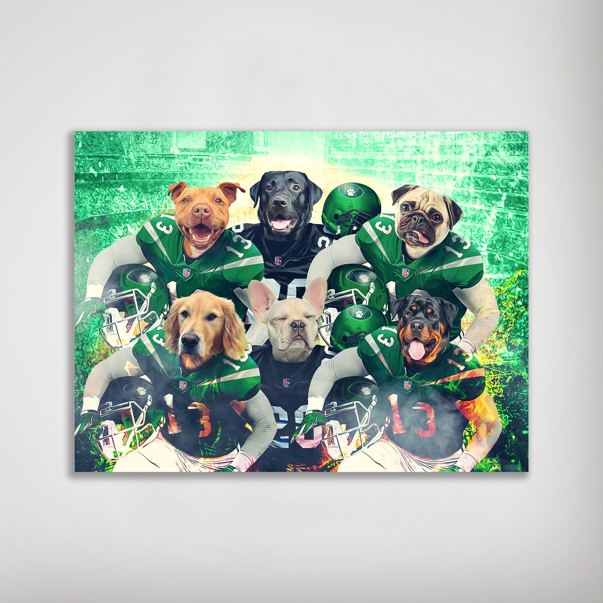 Personalized 'New York Jet-Doggos' poster featuring six diverse pets in green and black football uniforms.