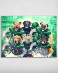 Personalized 'New York Jet-Doggos' poster featuring six diverse pets in green and black football uniforms.