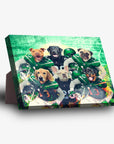 Personalized 6-pet standing canvas featuring dogs in green New York Jet-Doggos football uniforms.